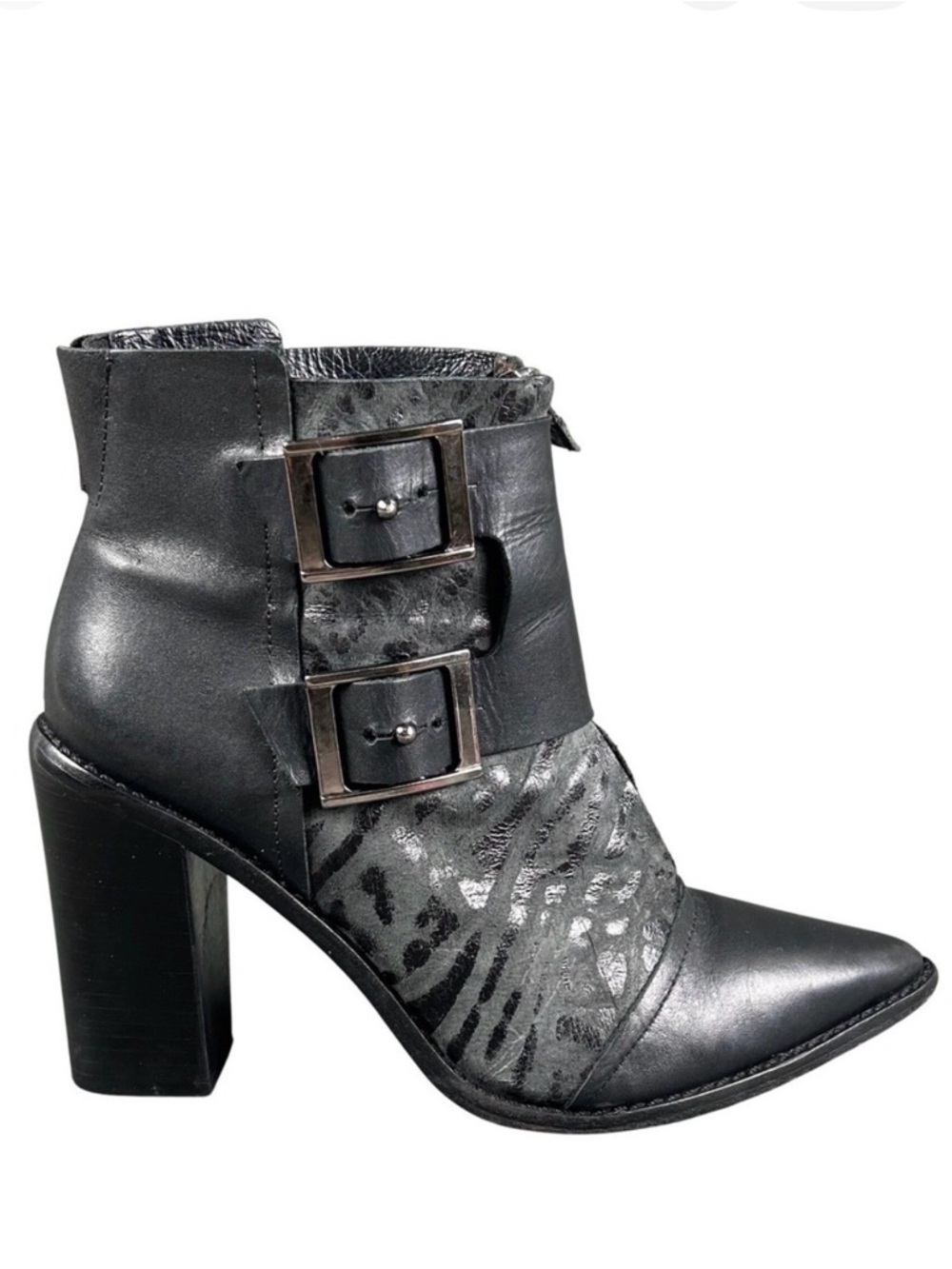 Tibi NYC Womens Black Leather Designer Animal Print Double Buckle Ankle Boots 38